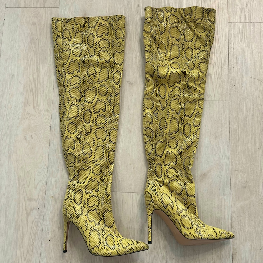 Yellow Snake Print Over-the-Knee Boots
